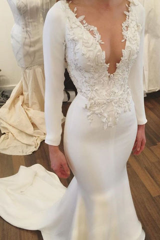 Robes de mariée en satin 2024 Robe de sirène avec appliques et perles manches longues