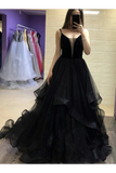 Robes de bal longues en tulle noir, robe de soirée noire avec bretelles à volants