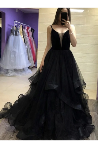 Robes de bal longues en tulle noir, robe de soirée noire avec bretelles à volants