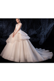 Robe de bal en tulle robes de mariée bretelles perles train chapelle