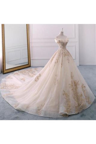 Robe de bal Tulle Robes de mariée Épaules dégagées Appliqués Perles Traîne Chapelle