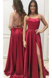 A Line Sweep Train With Slit Spaghetti Straps Satin Prom Dress