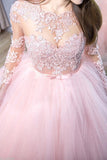 2024 robe de bal rose bijou manches longues balayage / pinceau train dentelle tulle robes