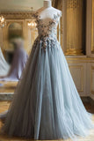 Belle robe de bal longue en tulle de bal pure avec des fleurs, une ligne cap manches robes de soirée