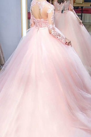 2024 robe de bal rose bijou manches longues balayage / pinceau train dentelle tulle robes