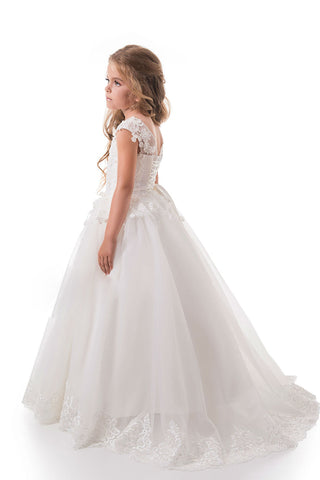 2024 Scoop A Line Tulle Avec Applique Et Sash Sweep Train Flower Girl Dresses