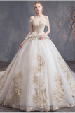 Robe de bal robes de mariée en tulle appliques epaule epaule chapelle train