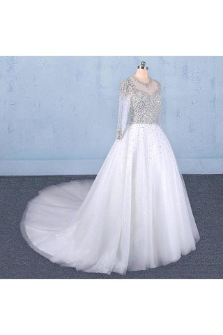 Robe de mariée blanche à manches longues gonflée en tulle, Robe de mariée longue et brillante