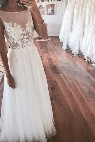 Élégante dentelle ivoire longue tulle robes de mariée bon marché simples de plage