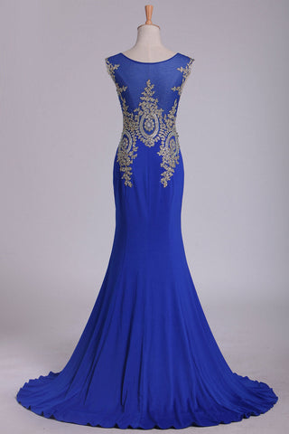 2024 Foncé Bleu Royal Prom robes Scoop Mermaid Spandex Avec Applique balayage / pinceau train