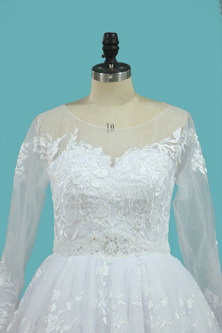 2024 Dentelle Robes De Mariée Manches Longues Scoop Une Ligne Avec Applique Et Perles Cour Train