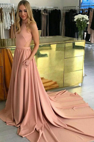 Modeste rose longue ouverte simple robes de bal élégantes pas cher simples Robes de soirée