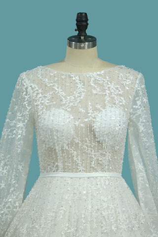 2024 Robes de Mariée en Dentelle Une Ligne Scoop Manches Longues avec Sash Court Train