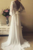 Robe de mariée en mousseline de soie 3/4 en mousseline de soie 3/4 Robes de mariée V Neck Ouvrir le dos avec des appliques