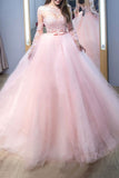 2024 robe de bal rose bijou manches longues balayage / pinceau train dentelle tulle robes