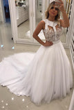 2024 Une ligne de robes de mariage Scoop Tulle avec Applique et Perles Court Train