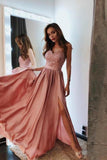 2024 Robe de bal longue rose avec col en V et dentelle et robe de bal perlée