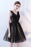 Une ligne v cou robes de soirée noir appliques courts tulle