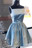 Satin Bleu Brillant Perles Encolure Carree Sans Manches Robe De Retour Au Genou Robe De Bal Longueur