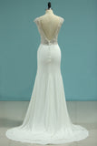 2024 Sexy Open Back Straps Mermaid Robes de mariée Spandex With Beading