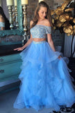 Sparkly Long 2 Pieces Off The Shoulder Bleu Clair Perles Robes De Bal