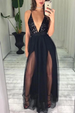 Paillettes noires sexy et bretelles en tulle Spaghetti Deep V Neck Robe de bal simple au sol