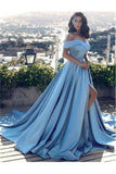 Hors de l'épaule en satin bleu longues robes de bal modestes robes de soirée