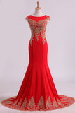 2024 Red Robes Scoop Mermaid Avec Applique Spandex balayage train