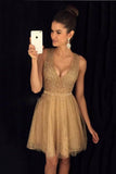 2024 V Neck A Line Homecoming Robes Tulle With Beading Short / Mini