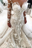 2024 Détachable Train Manches longues Scoop Mermaid Robes de mariée avec appliques Tulle