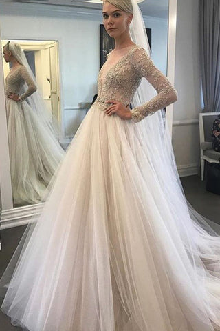 2024 Robes de mariée manches longues Bateau Tulle A Line avec train de Cour Applique