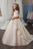 2024 Tulle Bateau Flower Girl Robes Manches courtes avec appliques et cadres