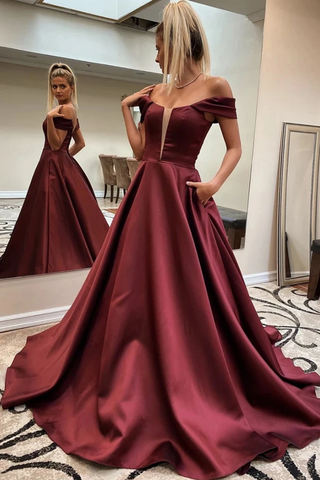 Une ligne hors de l'épaule robe de bal en satin, robe de soirée longue simple pas cher