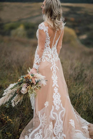 Robe de mariée bohème à manches longues avec appliques en tulle sirène