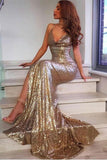 Sequins brillants gaine longue sangles spaghetti robes de bal sexy v-cou