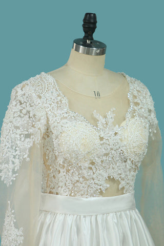 2024 Satin A Line Scoop Robes De Mariée À Manches Longues Avec Appliques Et Noeud D'arc