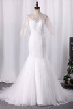 2024 Sexy Mermaid Robes de mariée Scoop Half Sleeves Tulle With Applique Open Back