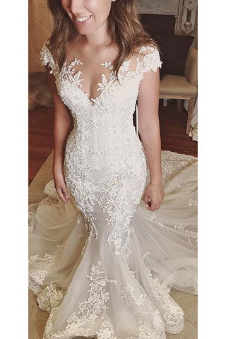 Robes de mariée 2024 sirène sur l'épaule en tulle avec appliques