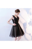 Une ligne v cou robes de soirée noir appliques courts tulle