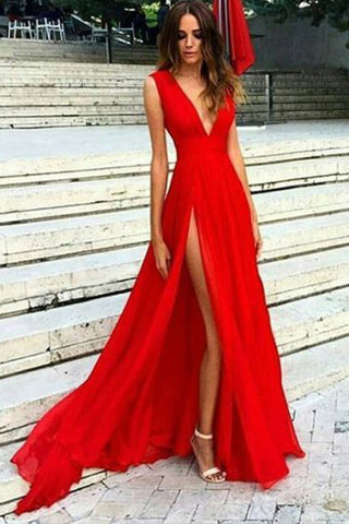 2024 V Neck Chiffon With Slit A Line Sweep Train Prom Robes