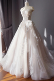 Superbe robe de mariée en tulle à épaules dénudées avec appliques, robe de mariée avec longue traîne