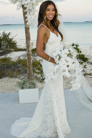 Gaine sirène longues bretelles spaghetti dentelle robes de mariée plage simples