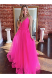 Robes de bal longues en tulle à col en V simples Robe formelle fuchsia