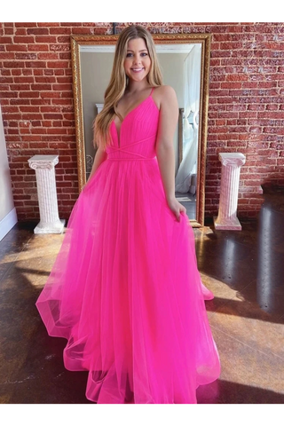 Robes de bal longues en tulle à col en V simples Robe formelle fuchsia