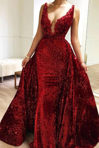 Paillettes bordeaux robes de bal longue encolure en V Robe de soirée en dentelle