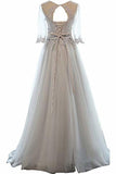 A-line manches mi-longues col rond dentelle Tulle robe de bal perles longue robe de soirée