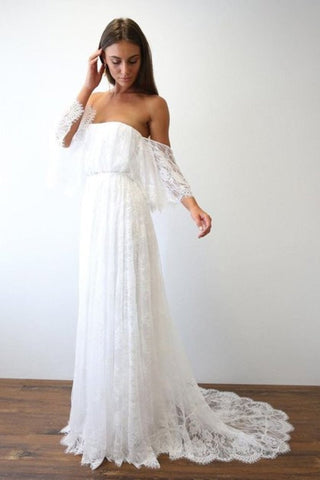 Robes de mariée de plage Demi-manches sur l'épaule Dentelle Sexy Simple Boho Robes de mariée