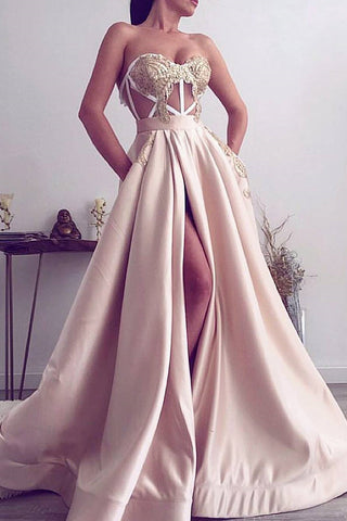 2024 A Line Sweetheart Satin Avec Applique Et Slit Robes De Prom