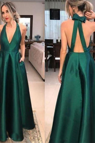 Décolleté en V simple et pas cher vert Robes longues de bal arrière dos ouvert