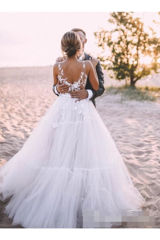 Jupe en tulle superposée robe de bal de mariage sans doublure avec des robes de mariée à col en V profond